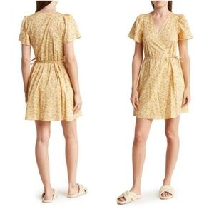 Madewell Fiore Floral Short Sleeve Cotton Wrap Dress Large Mini Yellow Cotton